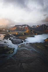 Aerial Drone View of Landmannalaugar landscape with its glacier streams, Highlands, Iceland. - AAEF19011