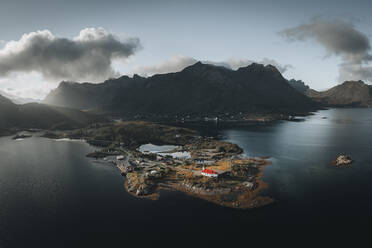 Aerial drone view of Sildpollnes Church at Austnesfjorden, Lofoten, Norway. - AAEF19016