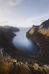 Aerial Drone View of Fjordgard on the island of Senja, Norway. - AAEF19020