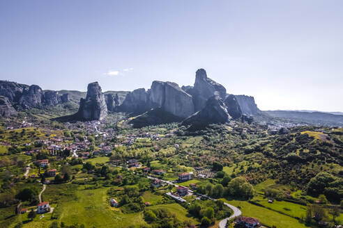 Aerial view of Kastraki town with natural rounded pillars in Meteora, a rock formation in Trikala, Thessaly, Greece. - AAEF19039