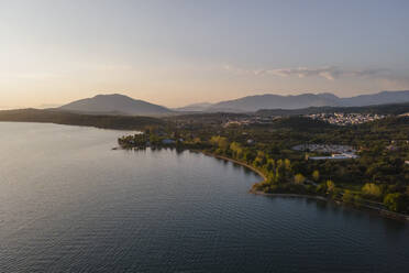 Aerial view of Igoumenitsa bay with mountains in background along the Ionian Sea, Epirus, Greece. - AAEF19108