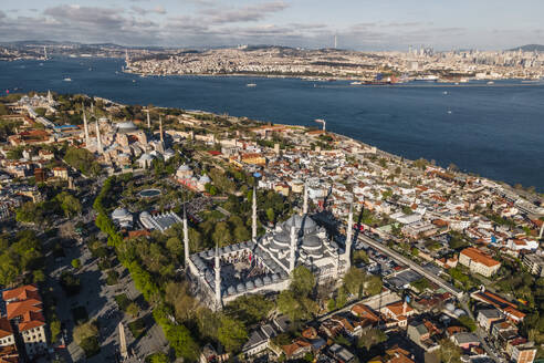 Aerial view of Hagia Sophia mosque and the Blue Mosque in Sultanahmet European district along the Marmara See in Istanbul downtown, Turkey. - AAEF19139