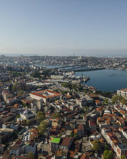 Aerial view of the Golden Horn, the major waterway of the Bosphorus with the Galata bridge in Beyoglu district in central Istanbul, Turkey. - AAEF19141