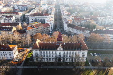 Aerial view of Trg Franje Tudjmana park at sunrise in Zagreb downtown, Croatia. - AAEF19157