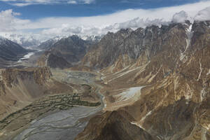 Aerial view of Passu Cathedral, Batura Glacier and VIllage of Passu in Hunza Valley, Gilgit Baltistan, Pakistan, Karakoram Range, Himalayas. - AAEF19166