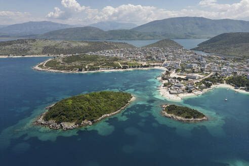 Aerial view of Ksamil Islands along the coastline in Saranda, Vlore, Albania. - AAEF19214