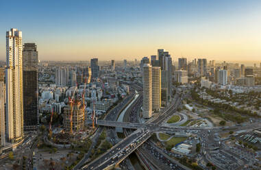 Aerial view of a highway in a city with traffic jam, Tel Aviv, centre district, Israel. - AAEF19220