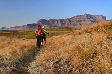 Man and woman hiking on sunny day at KwaZulu-Natal, Drakensberg, South Africa - ANSF00399