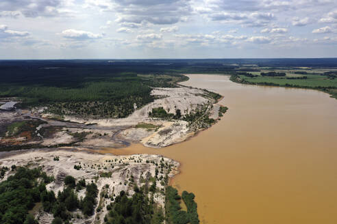 Aerial view of post-coal landscape, now a protected nature habitat Wanninchen, Brandenburg, Germany. - AAEF19304