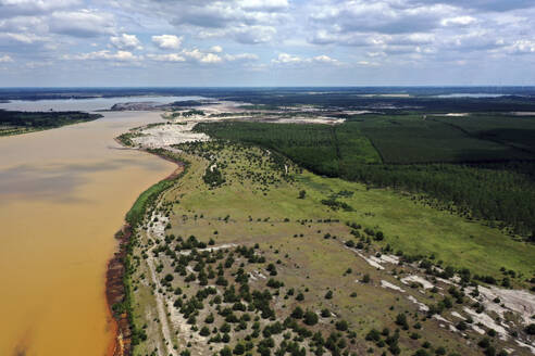 Aerial view of post-coal landscape, now a protected nature habitat Wanninchen, Brandenburg, Germany. - AAEF19305