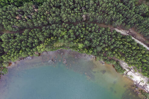 Aerial view of post-coal landscape, now a protected nature habitat Wanninchen, Brandenburg, Germany. - AAEF19309