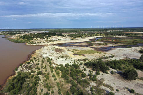 Aerial view of post-coal landscape, now a protected nature habitat Wanninchen, Brandenburg, Germany. - AAEF19310