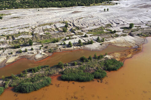 Aerial view of post-coal landscape, now a protected nature habitat Wanninchen, Brandenburg, Germany. - AAEF19313