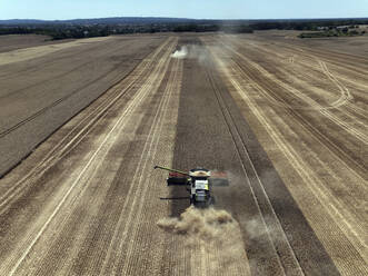 Aerial view of cereal harvesters and tractors at a farm in Brandenburg, Germany. - AAEF19336