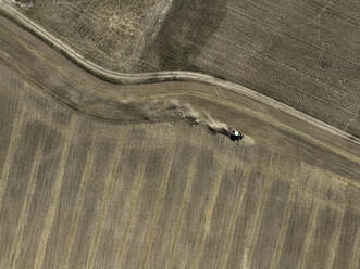 Aerial view of cereal harvesters and tractors at a farm in Oderbruch, Brandenburg, Germany. - AAEF19349