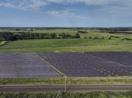 Aerial view of peatland photovoltaic panels at the ecological Solarpark Klein Rheide, Schleswig-Holstein, Germany. - AAEF19361