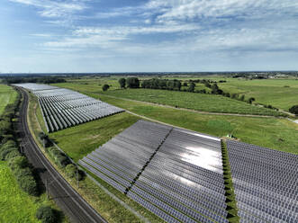 Aerial view of peatland photovoltaic panels at the ecological Solarpark Klein Rheide, Schleswig-Holstein, Germany. - AAEF19365