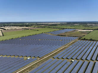 Aerial view of peatland photovoltaic panels at the ecological Solarpark Klein Rheide, Schleswig-Holstein, Germany. - AAEF19366