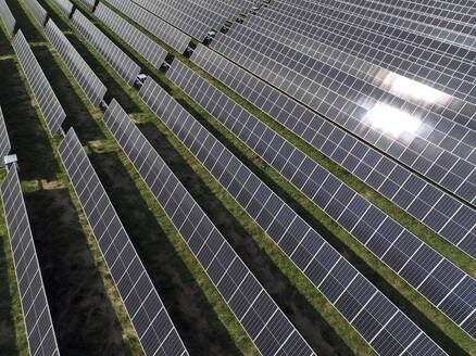 Aerial view of peatland photovoltaic panels at the ecological Solarpark Klein Rheide, Schleswig-Holstein, Germany. - AAEF19369