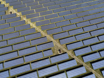 Aerial view of peatland photovoltaic panels at the ecological Solarpark Klein Rheide, Schleswig-Holstein, Germany. - AAEF19370