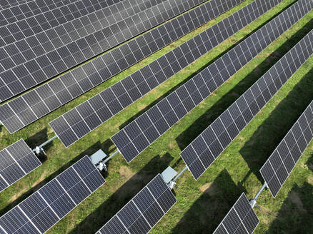Aerial view of peatland photovoltaic panels at the ecological Solarpark Klein Rheide, Schleswig-Holstein, Germany. - AAEF19373