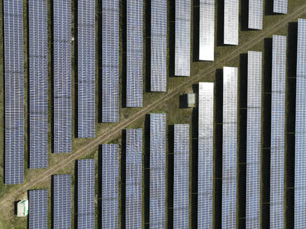 Aerial view of peatland photovoltaic panels at the ecological Solarpark Klein Rheide, Schleswig-Holstein, Germany. - AAEF19375