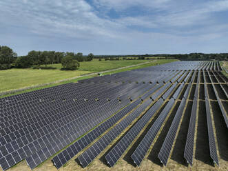 Aerial view of peatland photovoltaic panels at the ecological Solarpark Klein Rheide, Schleswig-Holstein, Germany. - AAEF19377