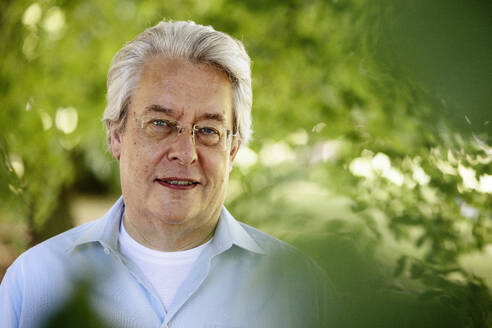 Senior man with gray hair smiling in park - JATF01367