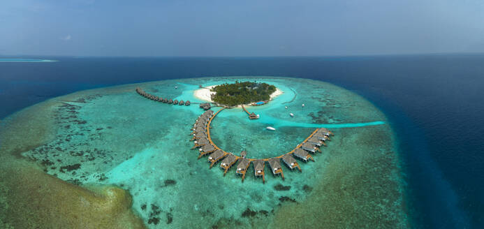Scenic view of sea and tourist resort at Thulhagiri Island, Maldives - AMF09920