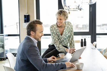 Smiling businesswoman and businessman discussing over laptop - PESF03986