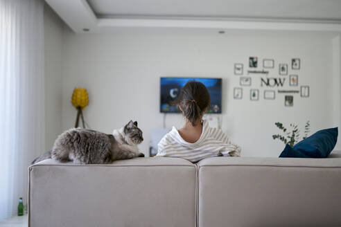 Frau mit Katze sitzt zu Hause auf dem Sofa - ANNF00343