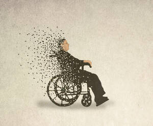 Illustration eines im Rollstuhl sitzenden Mannes, der sich auflöst - GWAF00203
