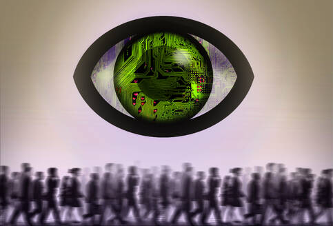 Electronic eye surveilling crowd of people - GWAF00205