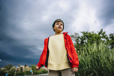 Boy in red jacket standing on barley field with cloudy sky in background - MDOF01374