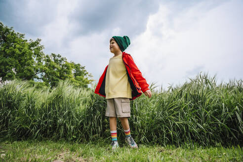 Junge mit roter Jacke, der an einer Gerte steht, mit bewölktem Himmel im Hintergrund - MDOF01378