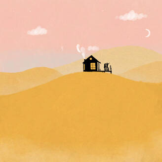 Illustration silhouette of small house located on yellow hill with family standing on front porch against pink sky and white fluffy clouds - ADSF44342