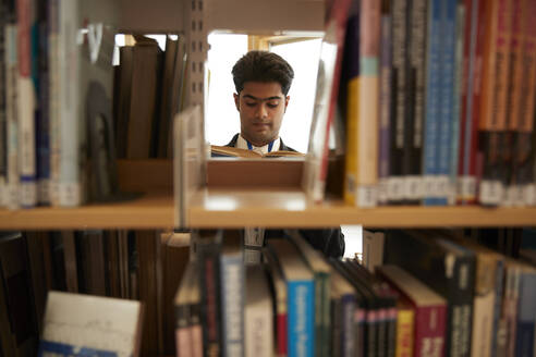 University student reading books in library - ISF26128