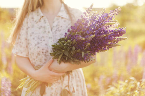 Frau mit violetten Lupinenblüten auf einem Feld an einem sonnigen Tag - ONAF00574