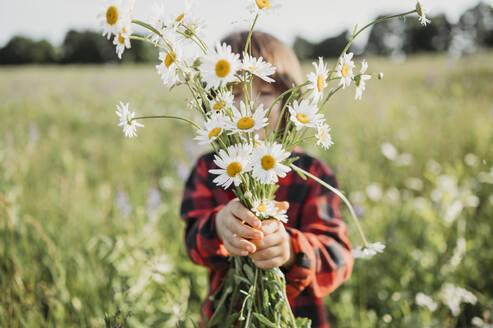 Boy hiding face with bunch of flowers in field - ANAF01558