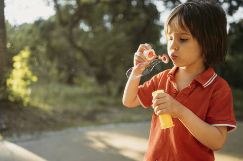 Boy blowing soap bubble at park - ANAF01590