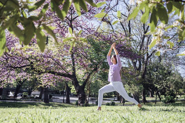 Teenage girl practicing yoga at park in bloom - AAZF00729