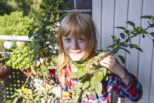 Lächelndes Mädchen hält Apfelpflanze auf dem Balkon - IHF01414