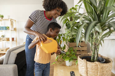 Happy young woman with son watering plants at home - JCCMF10569