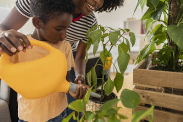 Smiling mother with son watering plants at home - JCCMF10570