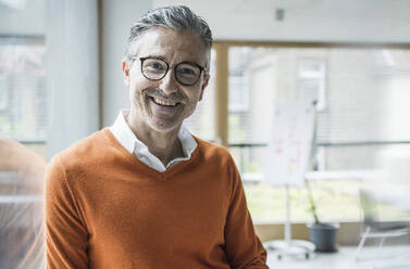 Smiling mature businessman wearing eyeglasses in office - UUF29243