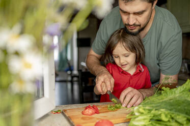 Father teaching son to cut vegetables at home - ANAF01643