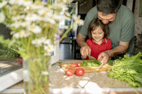 Smiling son learning to cut vegetables from father at home - ANAF01644