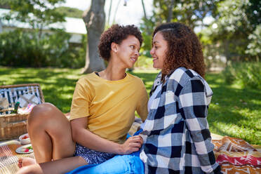 Happy lesbian couple talking on picnic blanket in summer park - CAIF33429