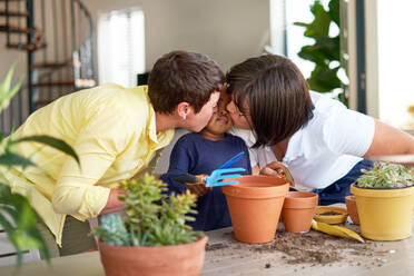 Affectionate lesbian couple kissing son planting plants in flowerpots - CAIF33599