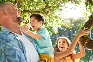 Happy family laughing below sunny summer tree - CAIF33926